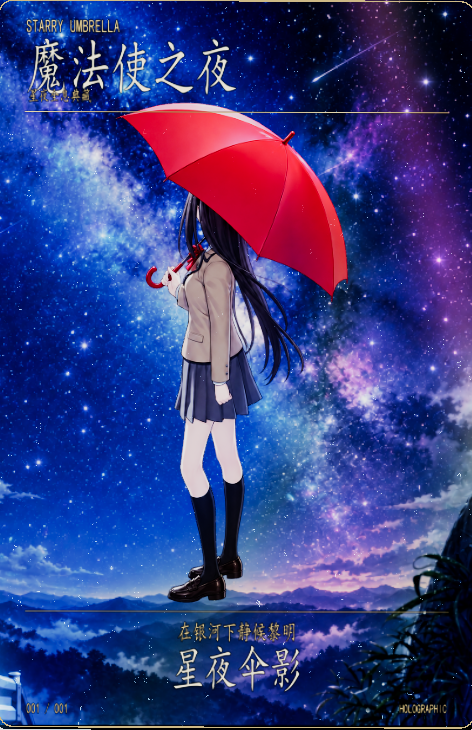 魔法使之夜闪卡正面:星空下撑红伞的角色
